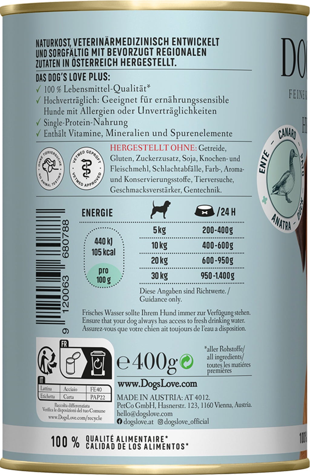 DOG'S LOVE Hypoallergen Ente , 400 g - 1 Stk