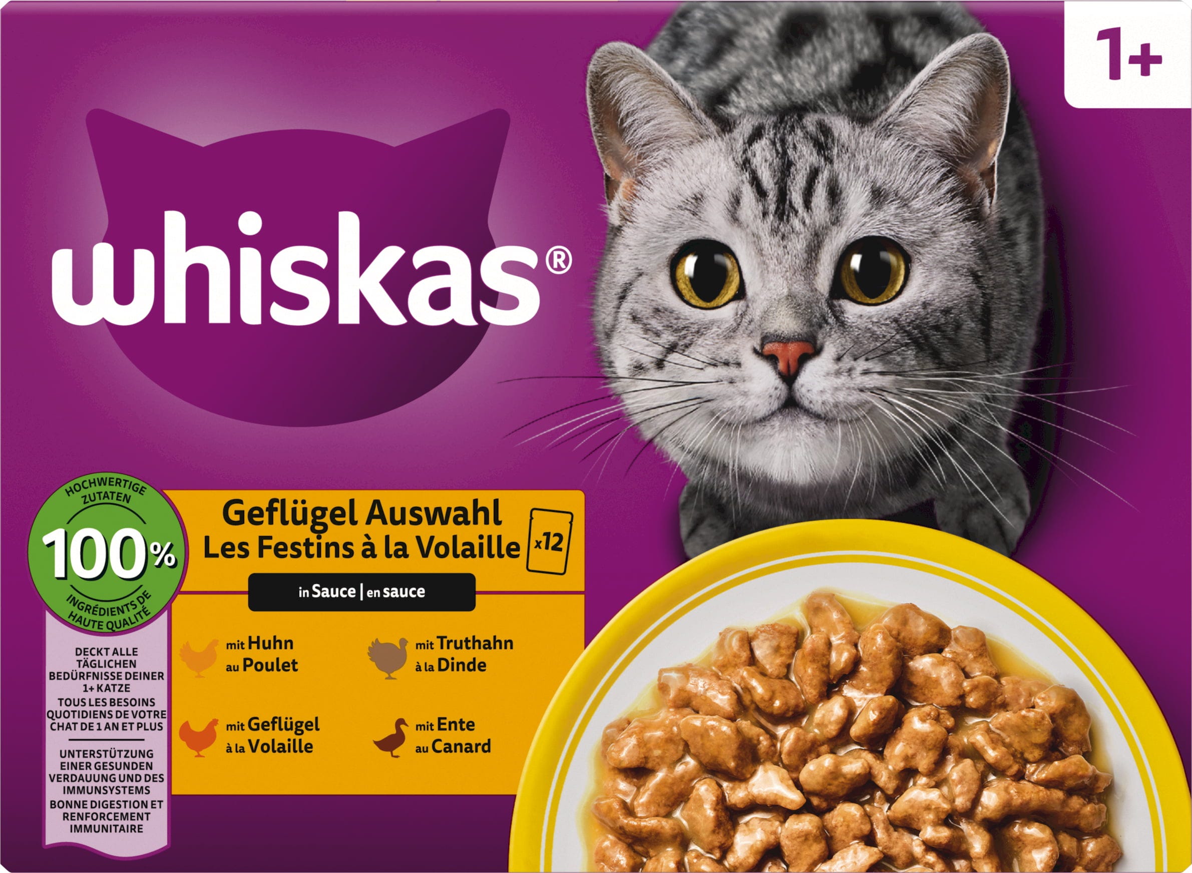 Whiskas Multipack 12x85g Geflügel Auswahl in Sauce 1+ - 1.020 g