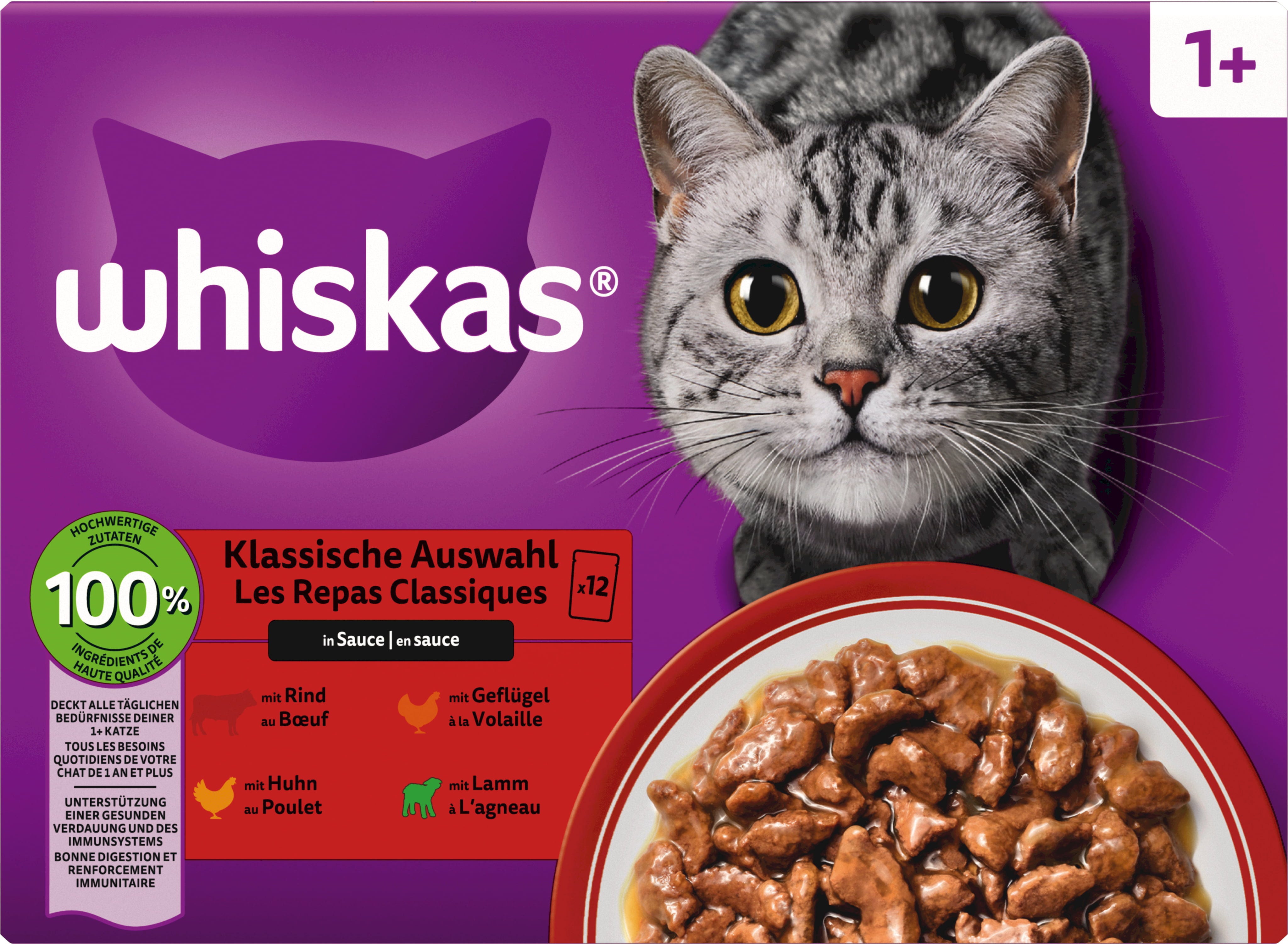 Whiskas Multipack 12x85g Klassische Auswahl in Sauce 1+ - 1.020 g